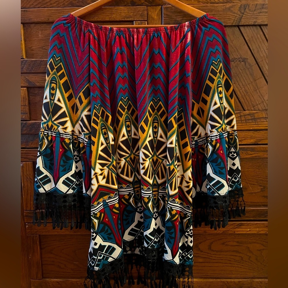 Ali Miles Boho Fringe Chevron Tribal Tunic Off the shoulder Top L Artsy Summer